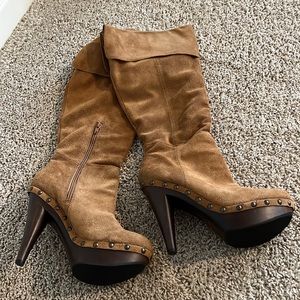 Women’s brown suede knee high heeled boots